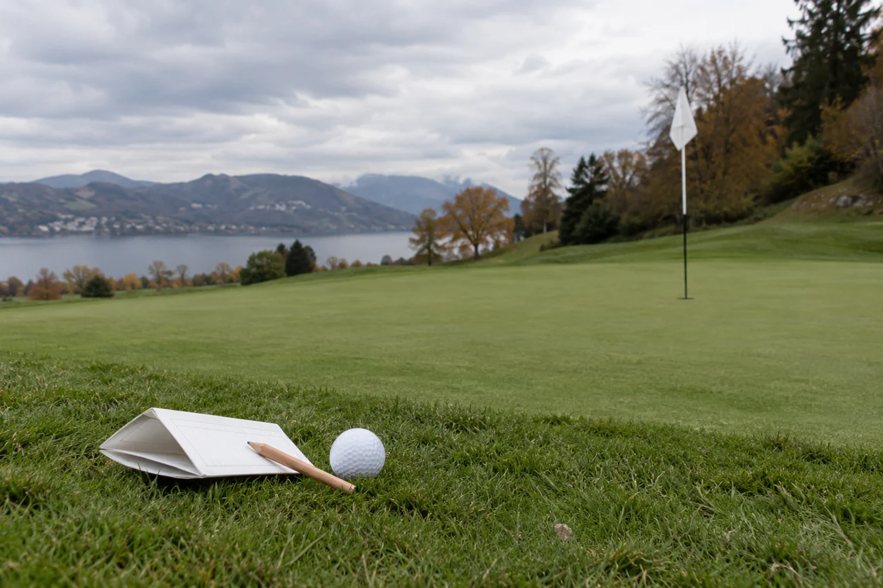 Golf žogica, svinčnik in kartica ob zelenici z zastavico