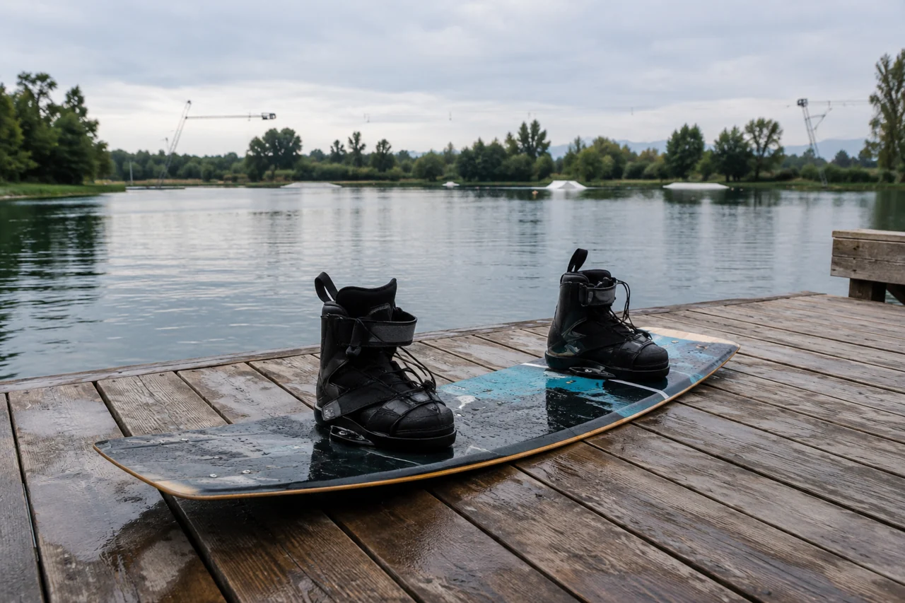 Wakeboard z dvema vezema na lesenem pomolu ob mirnem jezeru